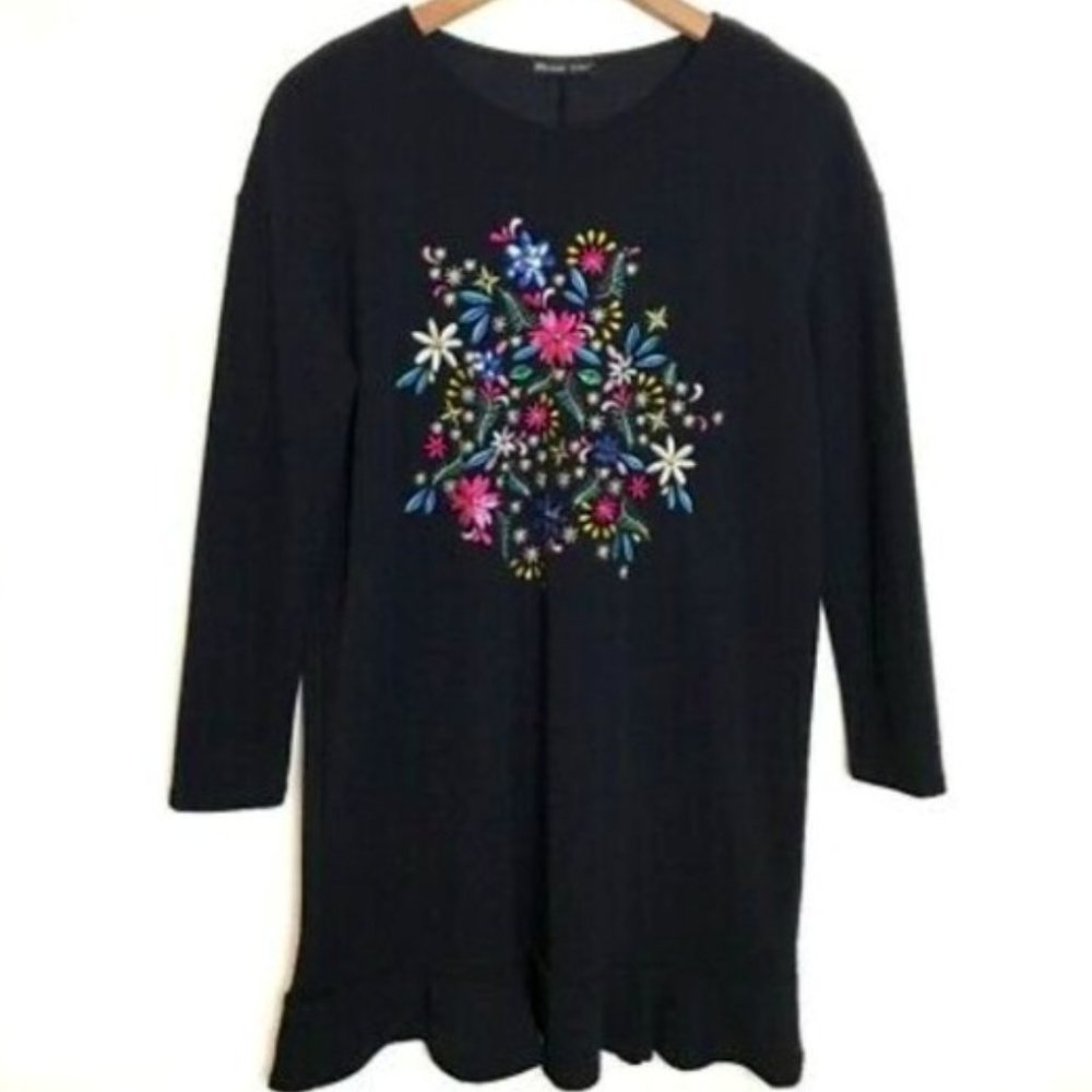Zara  Boho Floral Embroidery Shift Raffle Hem Dress